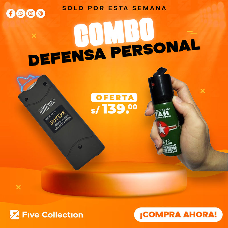 COMBO DEFENSA PERSONAL - Linterna Electroshock + Gas Pimienta 60 ml.