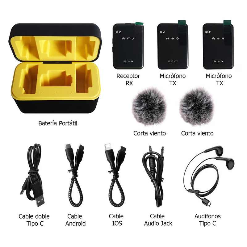 Micrófono Solapero Inalámbrico Dual SX12 3 en 1