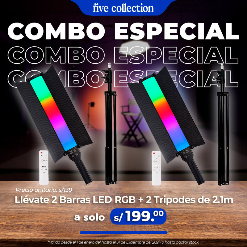 COMBO 2 Barra de Luz LED RGB con Barndoors + 2 Tripode 2.1m